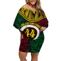 Vanuatu 44th Anniversary Independence Day Family Matching Off Shoulder Short Dress and Hawaiian Shirt Boars Tusk and Namele Plant LT03 Mom's Dress Black - Polynesian Pride