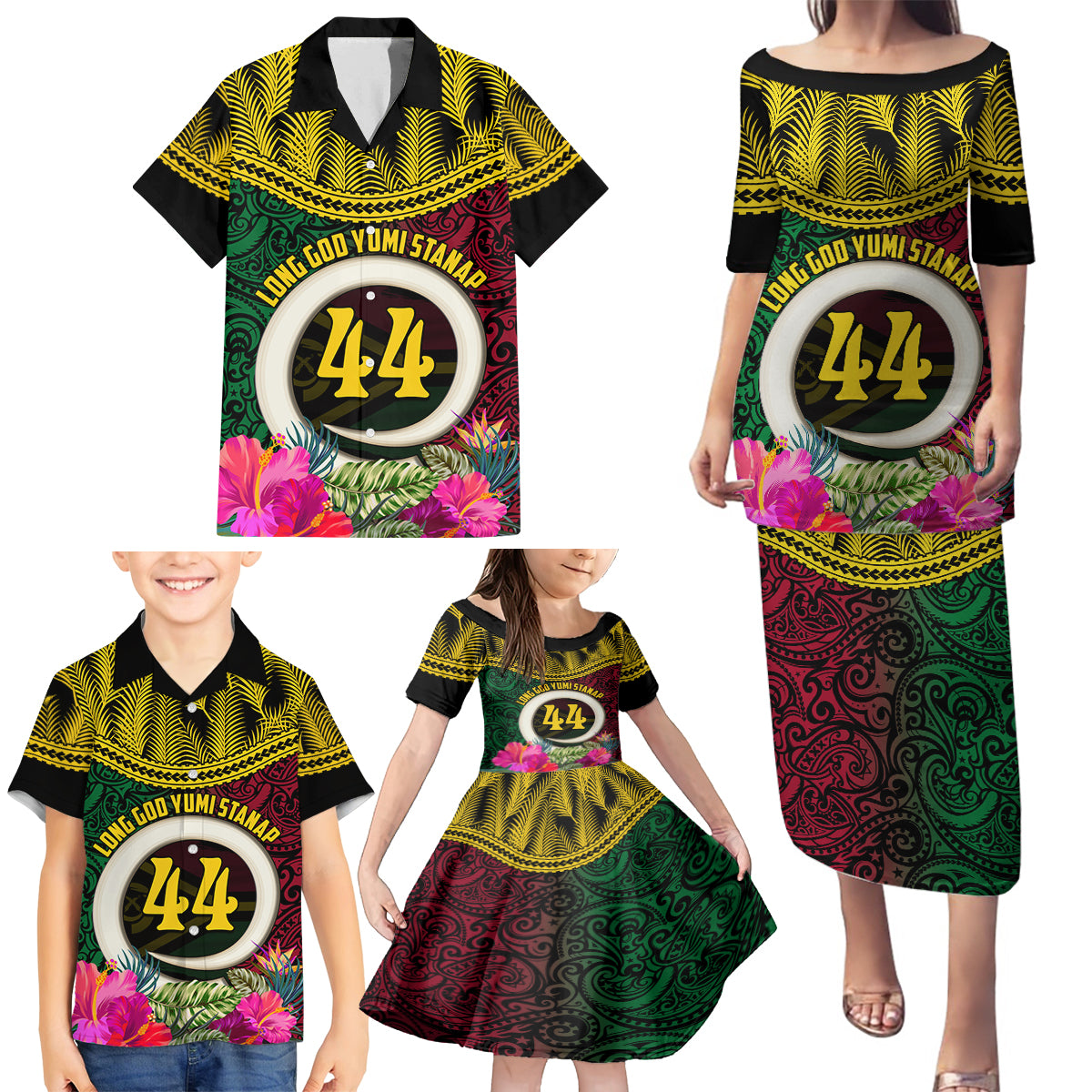 Vanuatu 44th Anniversary Independence Day Family Matching Puletasi and Hawaiian Shirt Boars Tusk and Namele Plant LT03 - Polynesian Pride