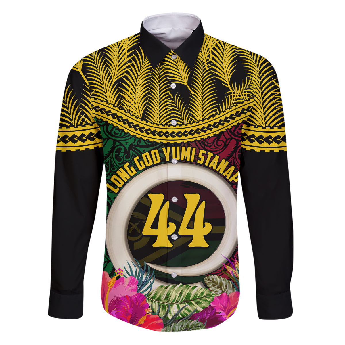 Vanuatu 44th Anniversary Independence Day Family Matching Puletasi and Hawaiian Shirt Boars Tusk and Namele Plant LT03 Dad's Shirt - Long Sleeve Black - Polynesian Pride