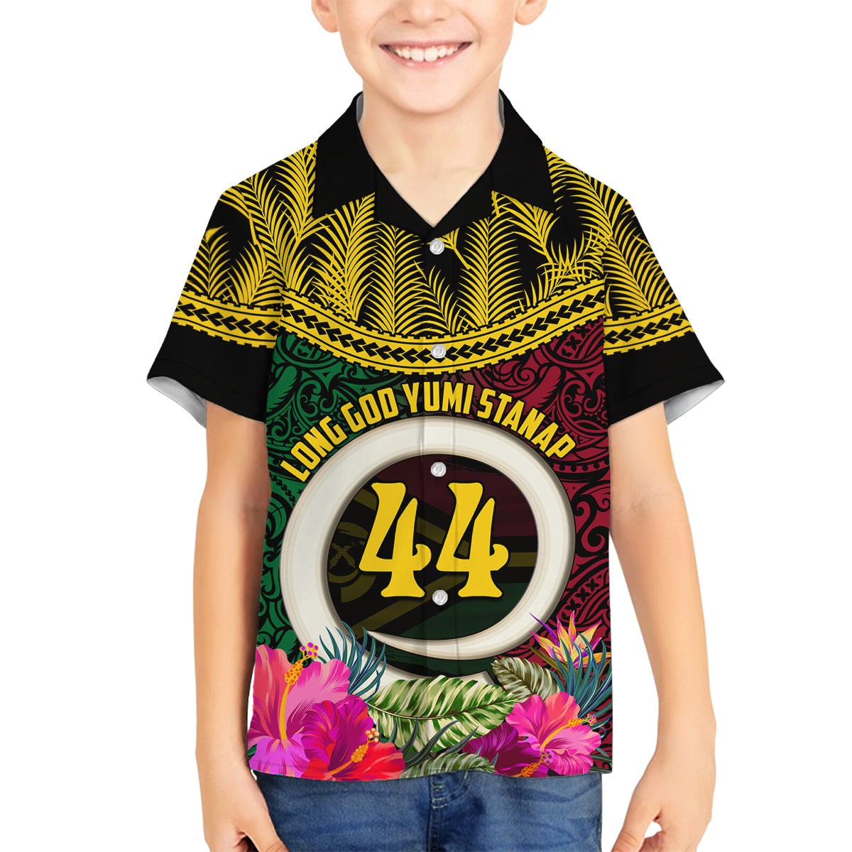 Vanuatu 44th Anniversary Independence Day Family Matching Puletasi and Hawaiian Shirt Boars Tusk and Namele Plant LT03 Son's Shirt Black - Polynesian Pride
