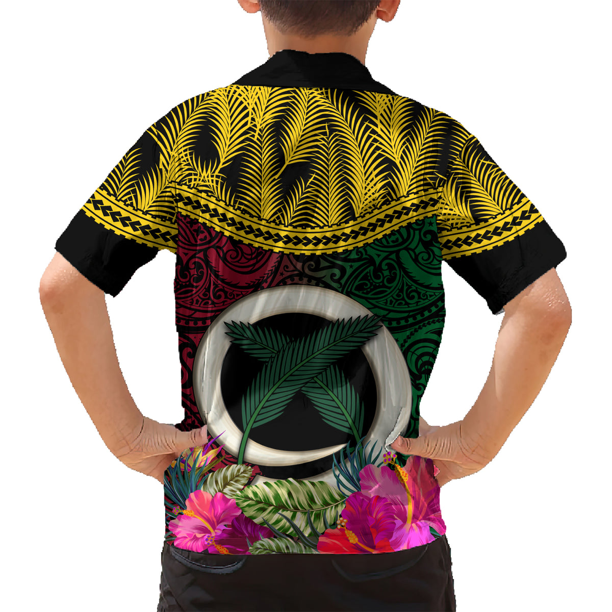 Vanuatu 44th Anniversary Independence Day Family Matching Short Sleeve Bodycon Dress and Hawaiian Shirt Boars Tusk and Namele Plant LT03 - Polynesian Pride