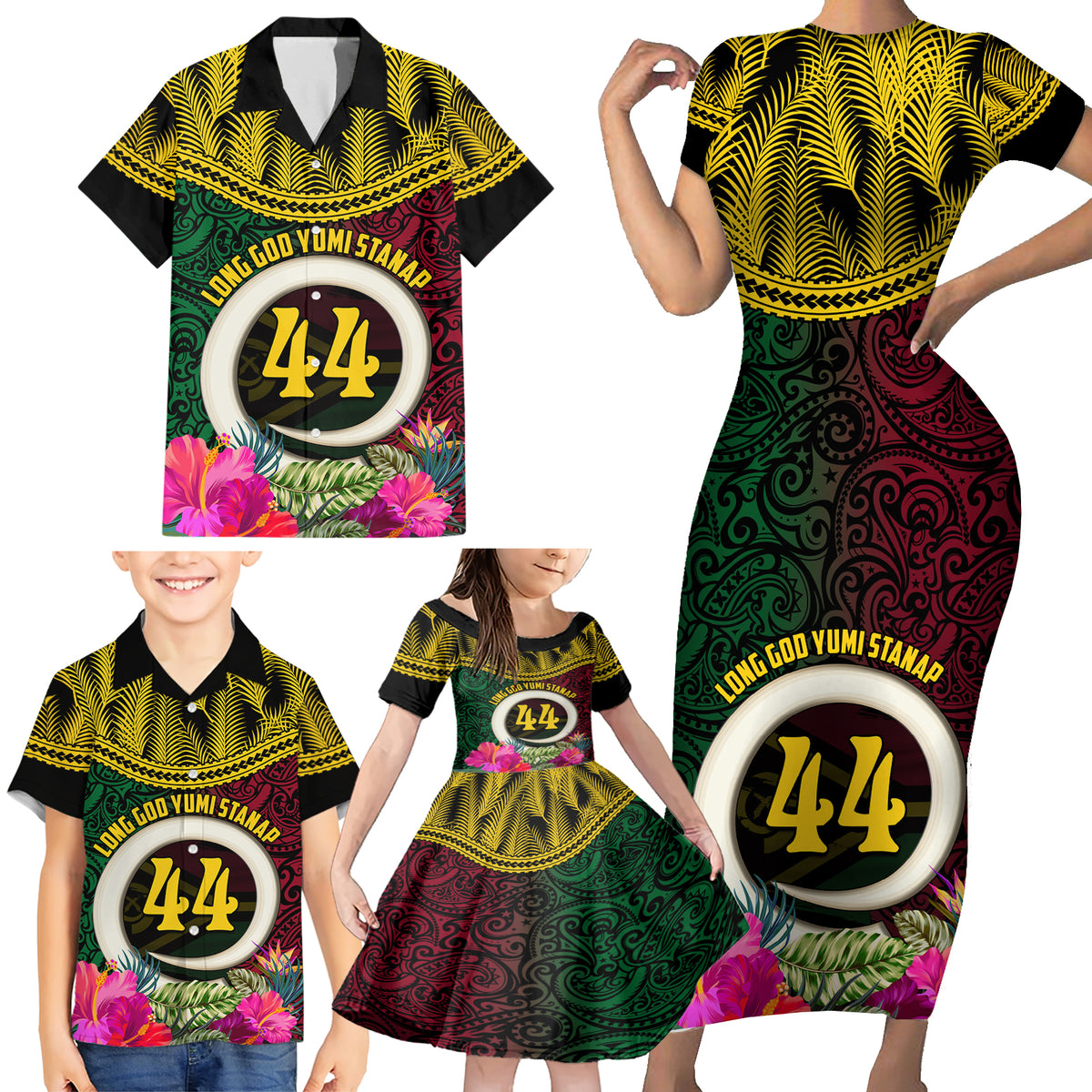 Vanuatu 44th Anniversary Independence Day Family Matching Short Sleeve Bodycon Dress and Hawaiian Shirt Boars Tusk and Namele Plant LT03 - Polynesian Pride