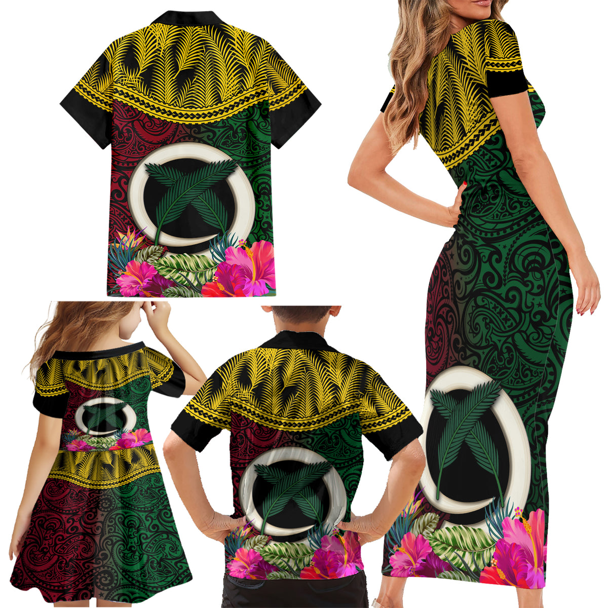 Vanuatu 44th Anniversary Independence Day Family Matching Short Sleeve Bodycon Dress and Hawaiian Shirt Boars Tusk and Namele Plant LT03 - Polynesian Pride