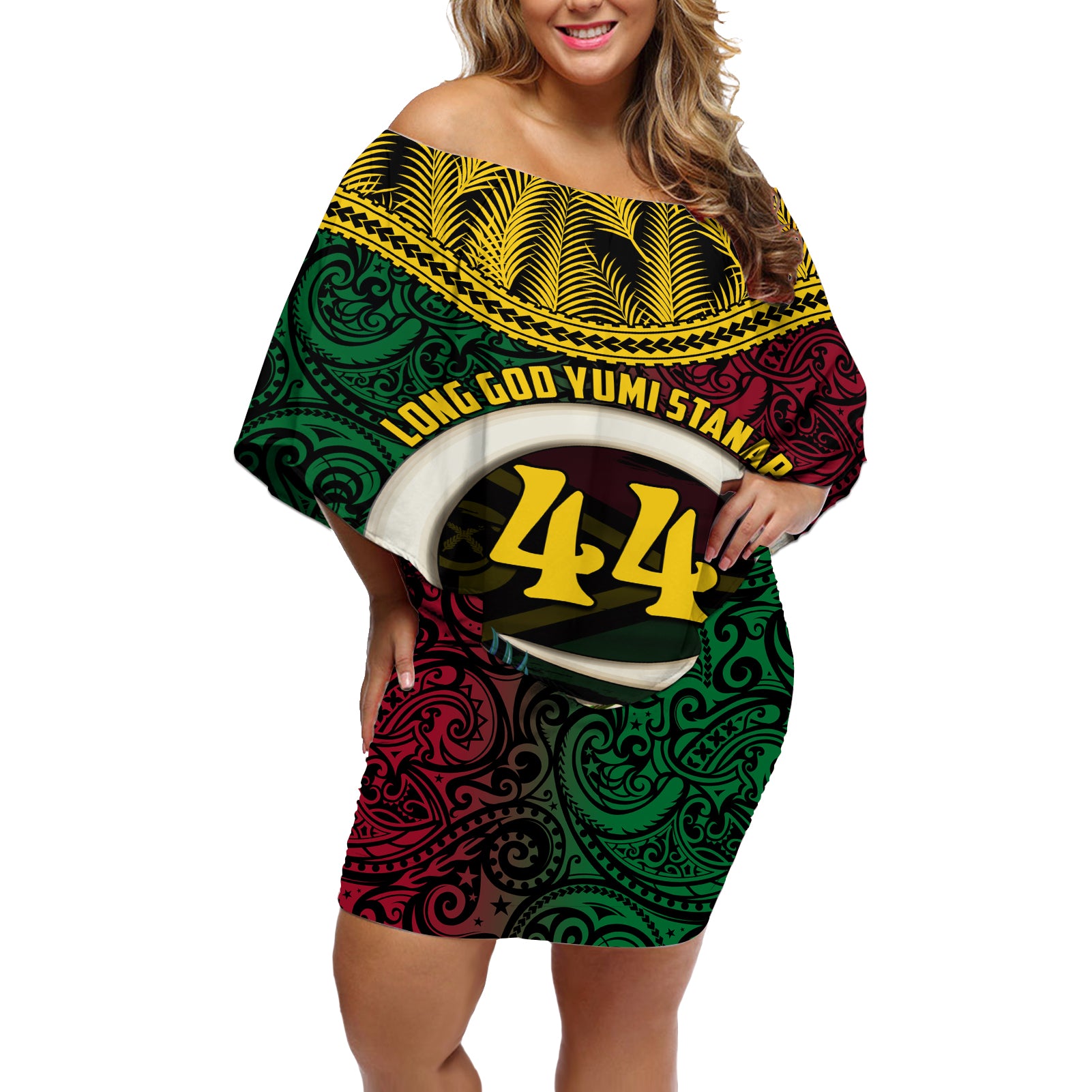 Vanuatu 44th Anniversary Independence Day Off Shoulder Short Dress Boars Tusk and Namele Plant LT03