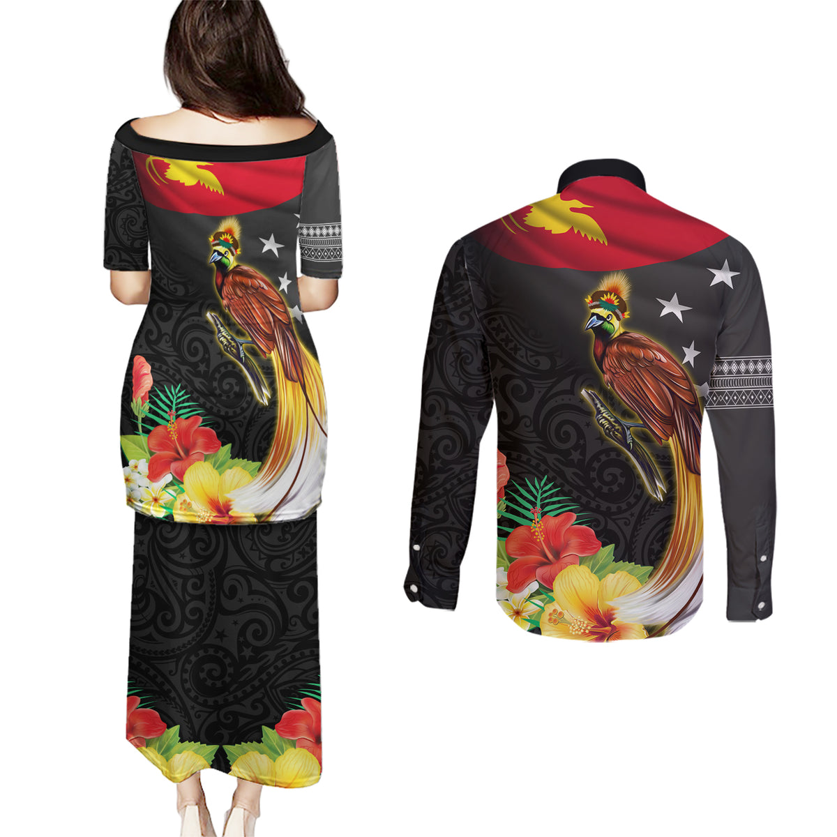 Papua New Guinea Independence Day Couples Matching Puletasi and Long Sleeve Button Shirt PNG Flag and Bird-of-Paradise