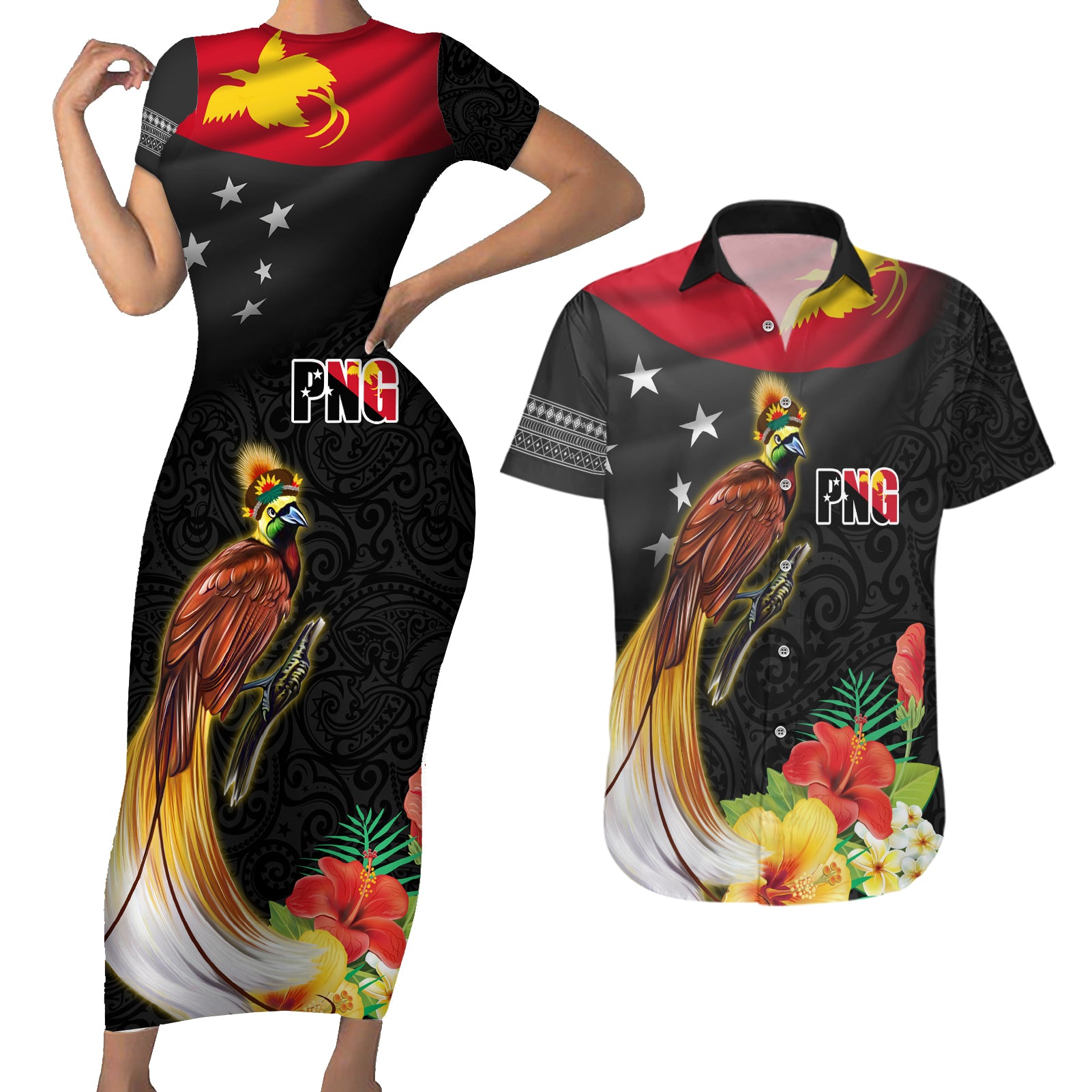 Papua New Guinea Independence Day Couples Matching Short Sleeve Bodycon Dress and Hawaiian Shirt PNG Flag and Bird-of-Paradise