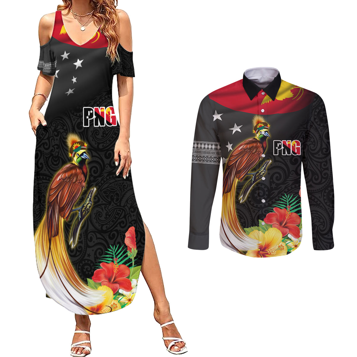 Papua New Guinea Independence Day Couples Matching Summer Maxi Dress and Long Sleeve Button Shirt PNG Flag and Bird-of-Paradise