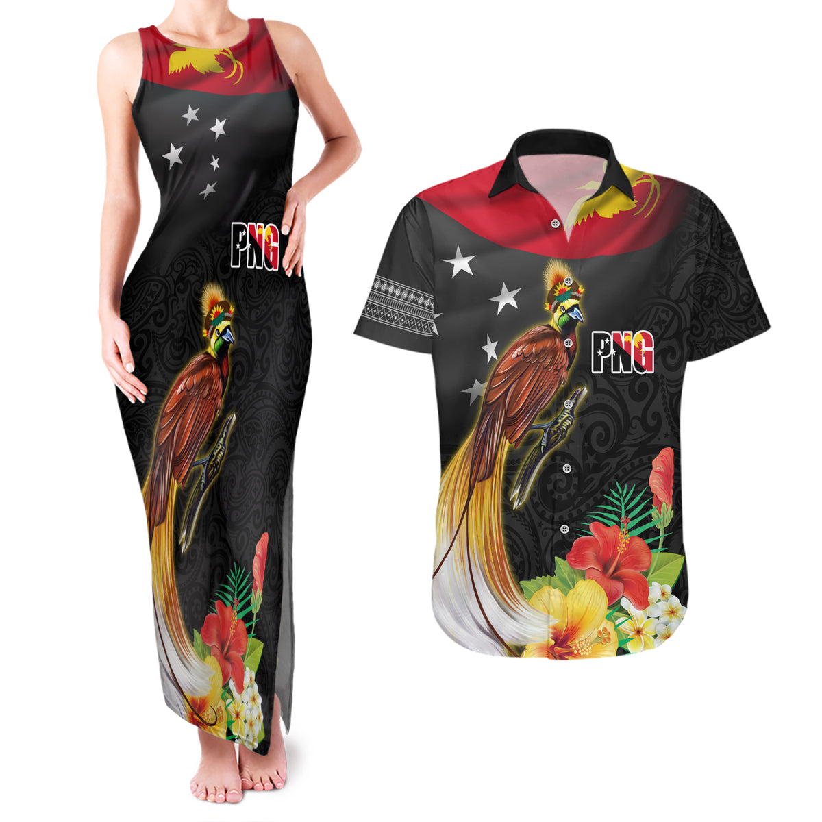 Papua New Guinea Independence Day Couples Matching Tank Maxi Dress and Hawaiian Shirt PNG Flag and Bird-of-Paradise