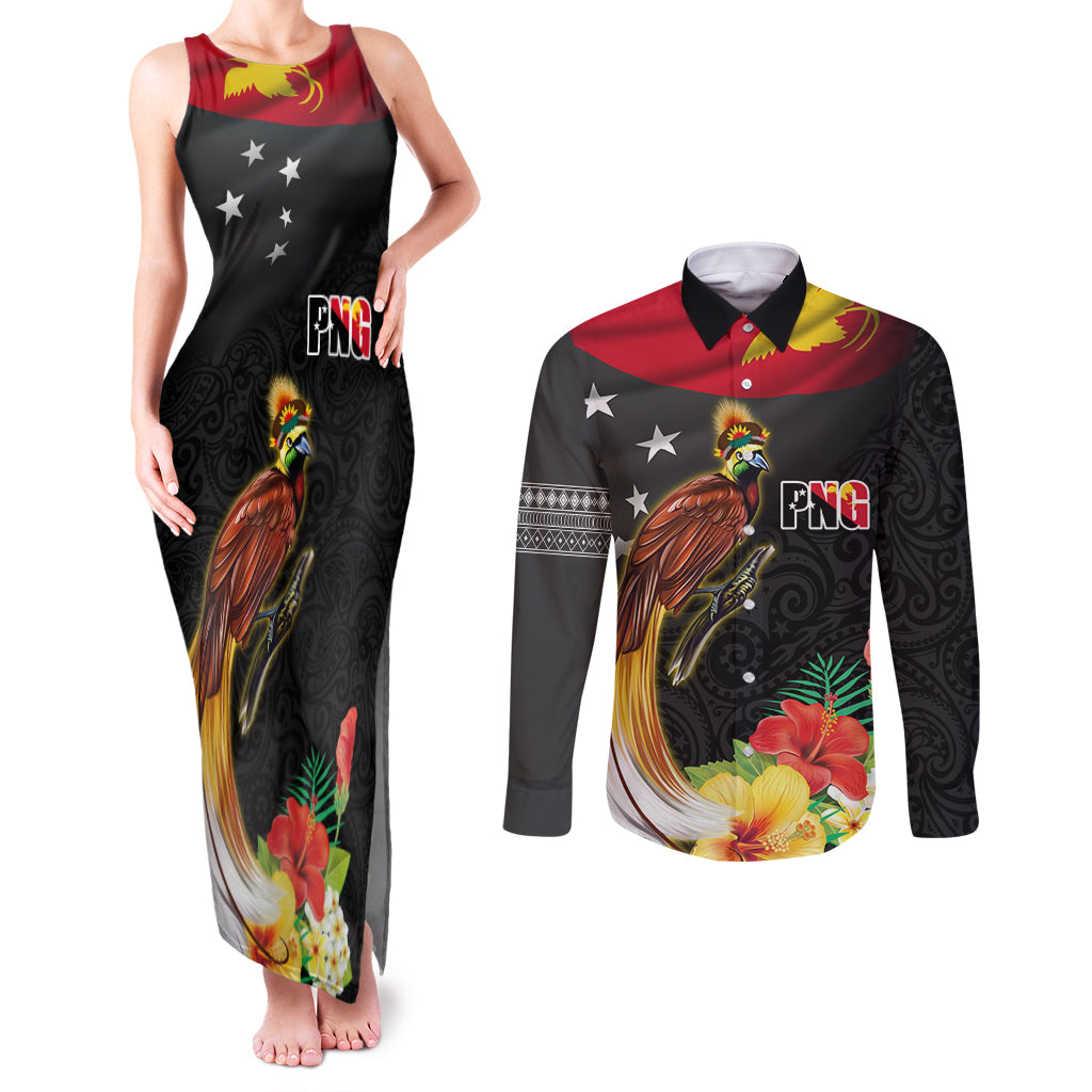 Papua New Guinea Independence Day Couples Matching Tank Maxi Dress and Long Sleeve Button Shirt PNG Flag and Bird-of-Paradise