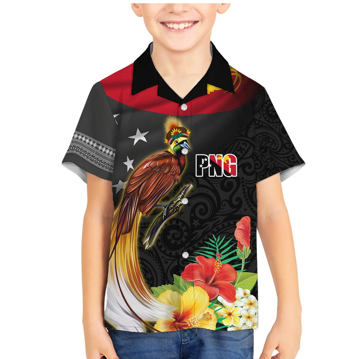 Papua New Guinea Independence Day Family Matching Mermaid Dress and Hawaiian Shirt PNG Flag and Bird-of-Paradise