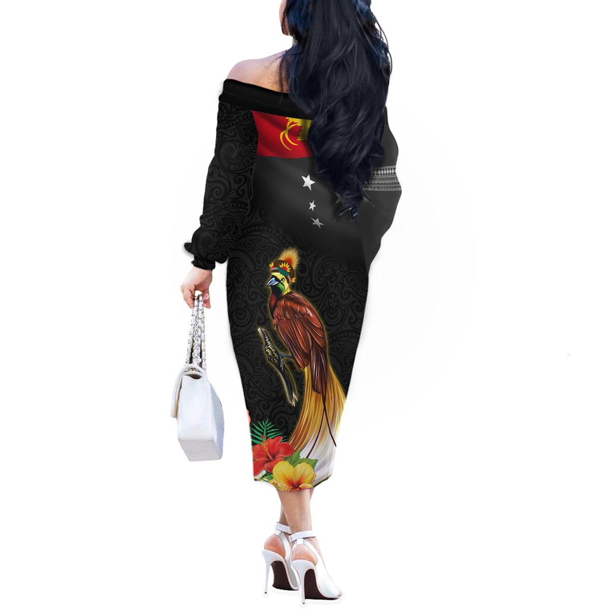 Papua New Guinea Independence Day Off The Shoulder Long Sleeve Dress PNG Flag and Bird-of-Paradise