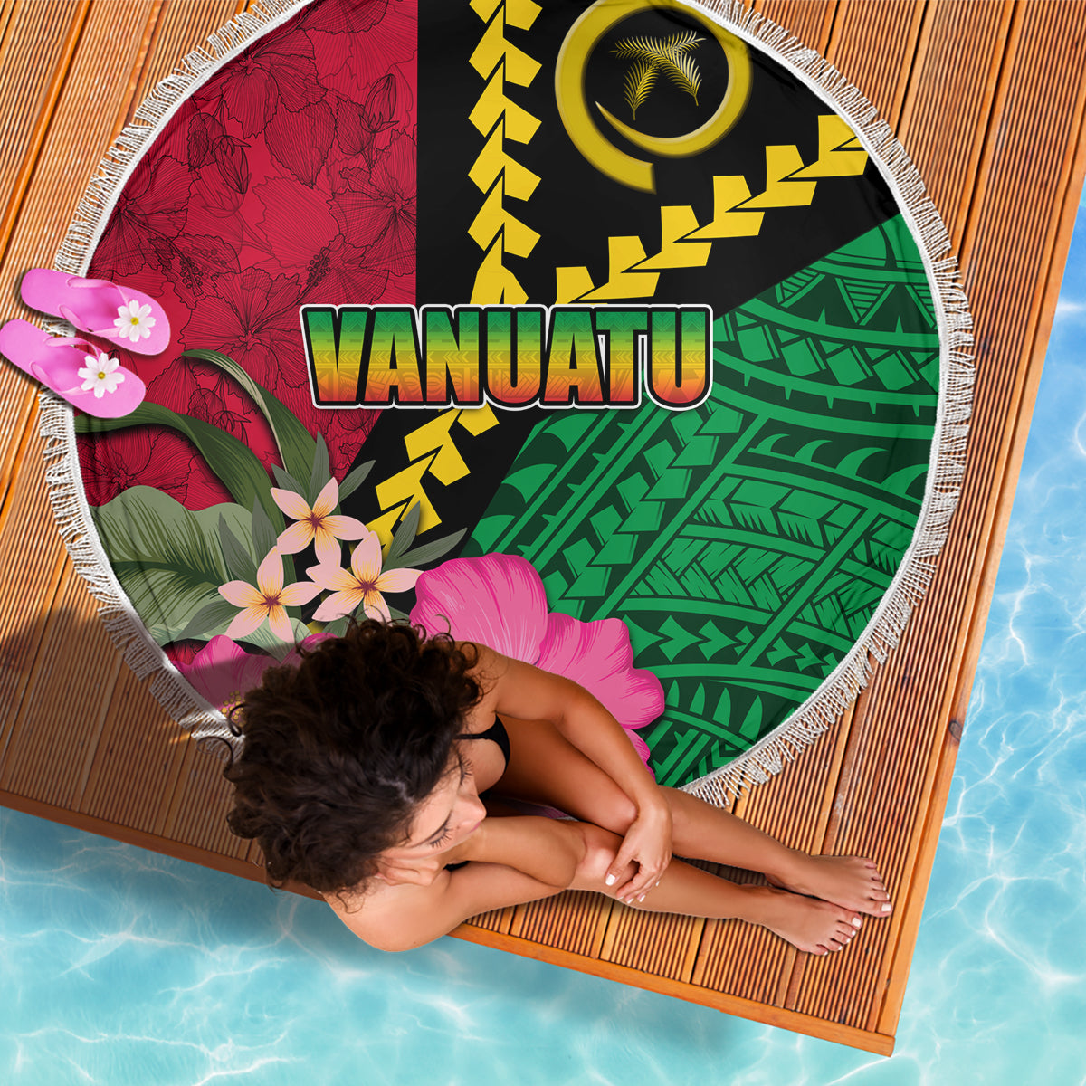 Vanuatu Flag Hibiscus Polynesian Pattern Beach Blanket