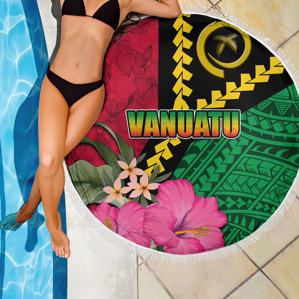Vanuatu Flag Hibiscus Polynesian Pattern Beach Blanket