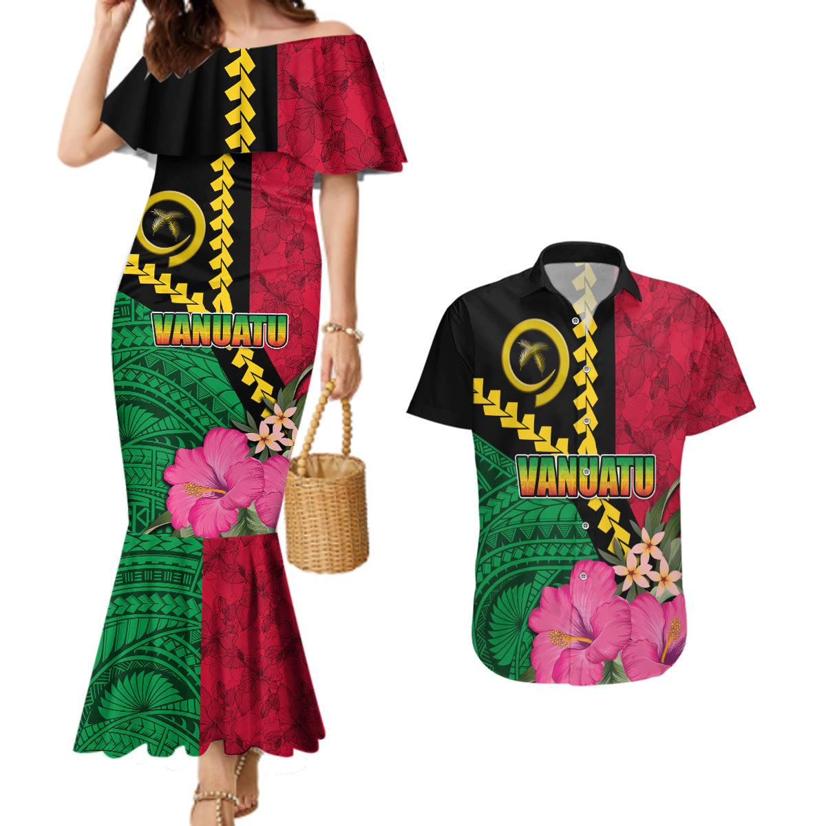 Vanuatu Flag Hibiscus Polynesian Pattern Couples Matching Mermaid Dress and Hawaiian Shirt