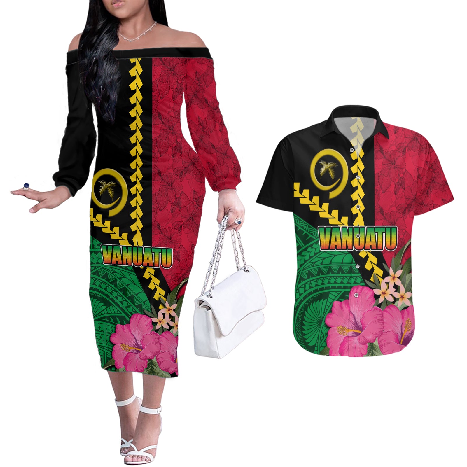 Vanuatu Flag Hibiscus Polynesian Pattern Couples Matching Off The Shoulder Long Sleeve Dress and Hawaiian Shirt