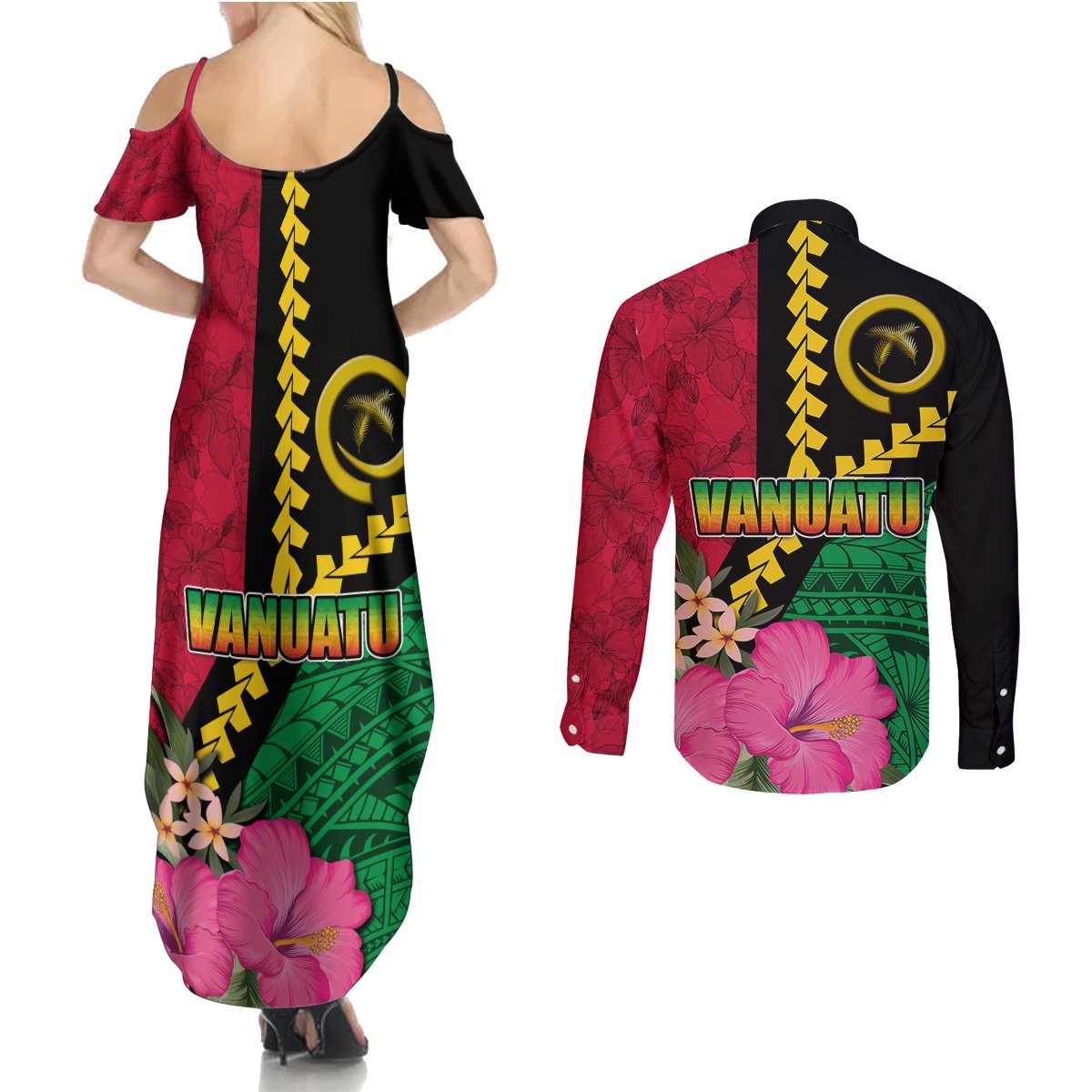 Vanuatu Flag Hibiscus Polynesian Pattern Couples Matching Summer Maxi Dress and Long Sleeve Button Shirt