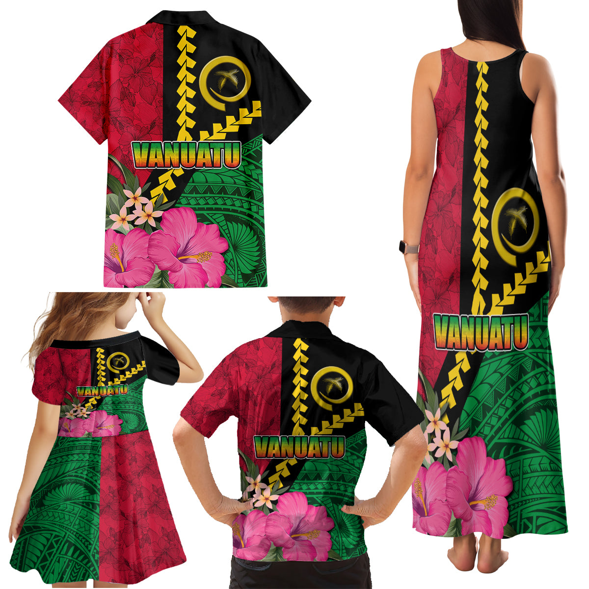 Vanuatu Flag Hibiscus Polynesian Pattern Family Matching Tank Maxi Dress and Hawaiian Shirt