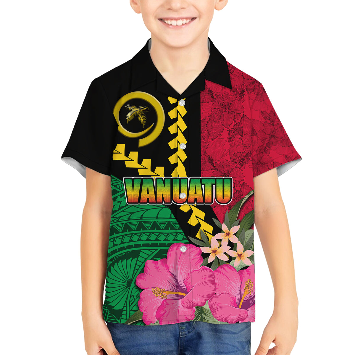 Vanuatu Flag Hibiscus Polynesian Pattern Family Matching Tank Maxi Dress and Hawaiian Shirt