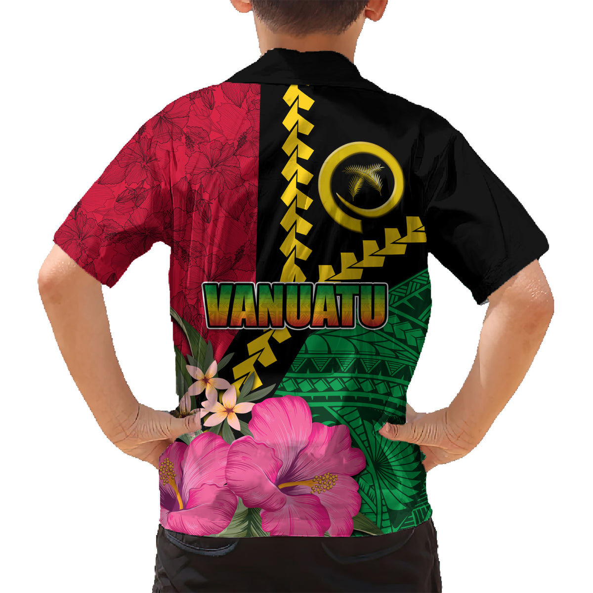 Vanuatu Flag Hibiscus Polynesian Pattern Kid Hawaiian Shirt