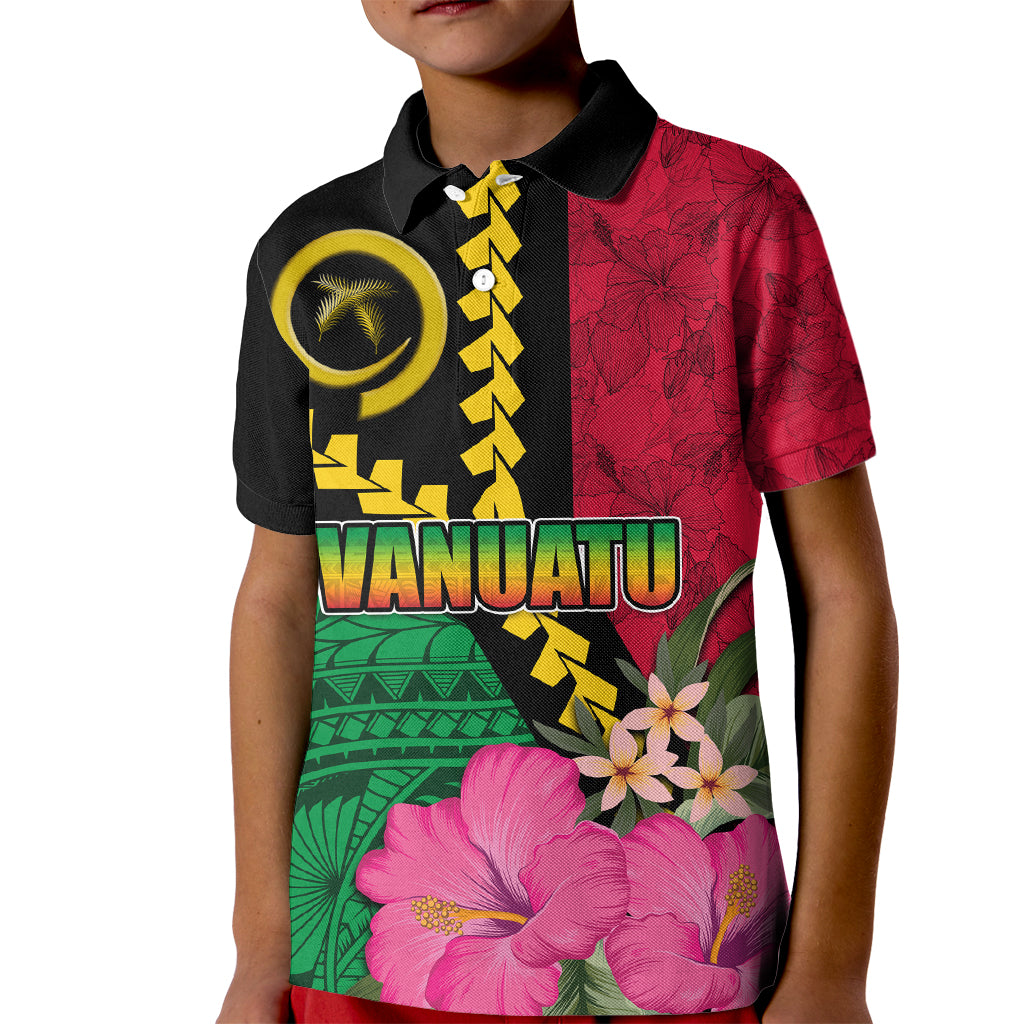 Vanuatu Flag Hibiscus Polynesian Pattern Kid Polo Shirt