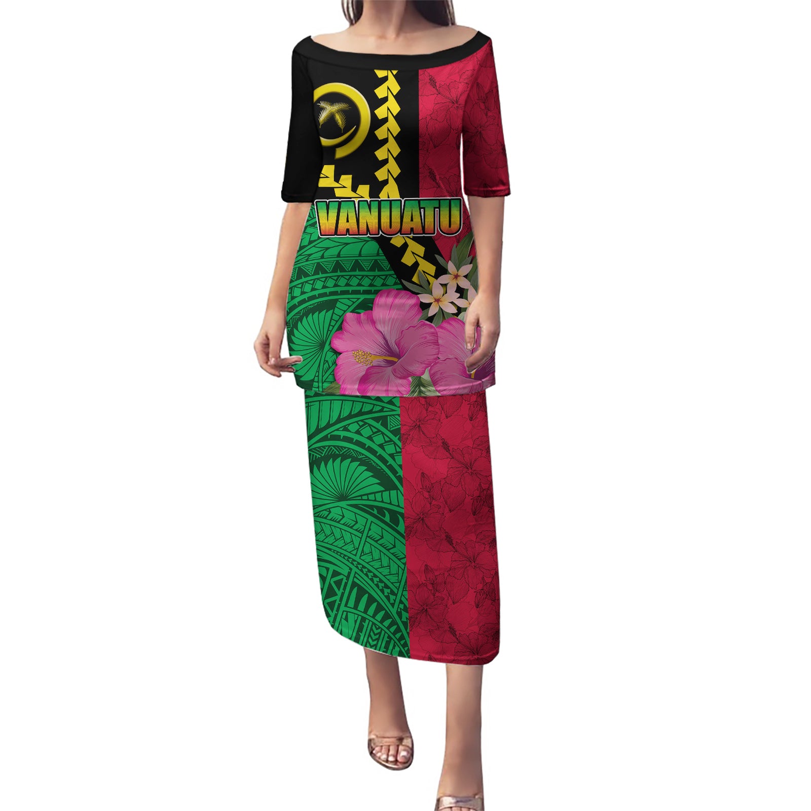 Vanuatu Flag Hibiscus Polynesian Pattern Puletasi