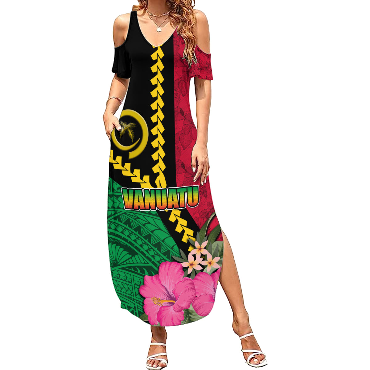 Vanuatu Flag Hibiscus Polynesian Pattern Summer Maxi Dress