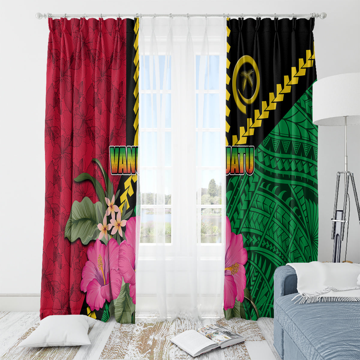 Vanuatu Flag Hibiscus Polynesian Pattern Window Curtain