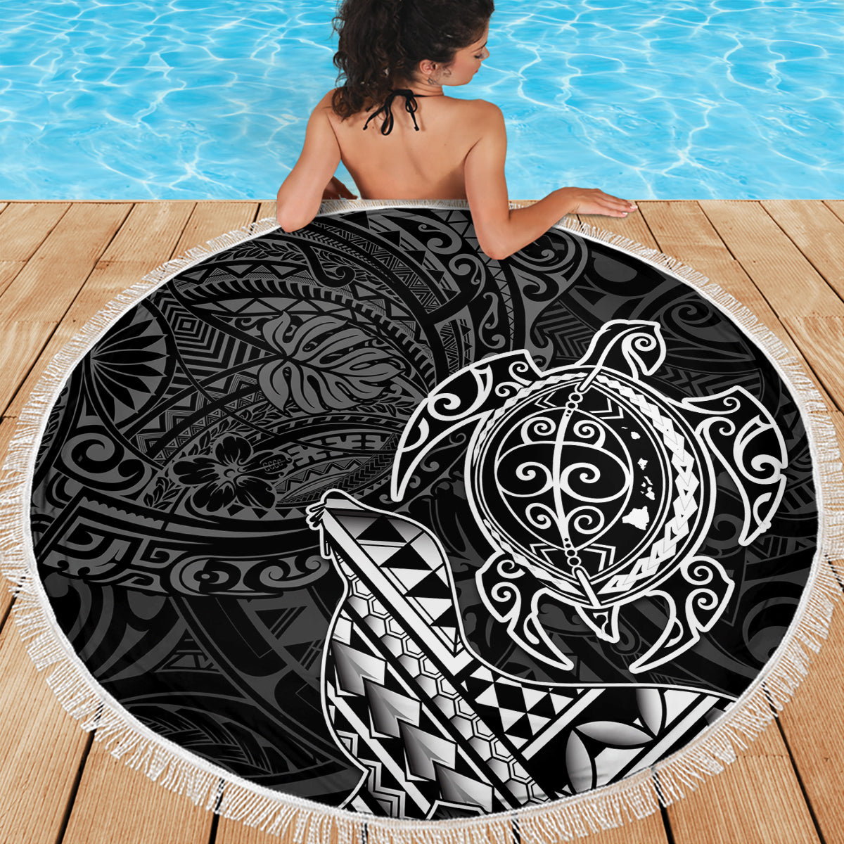 Hawaii Monk Seal and Dolphin Beach Blanket Polynesian Kakau Pattern Black White Color