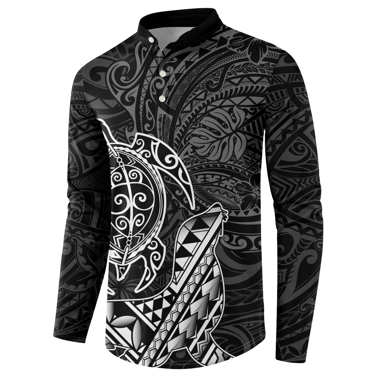 Hawaii Monk Seal and Dolphin Button Sweatshirt Polynesian Kakau Pattern Black White Color