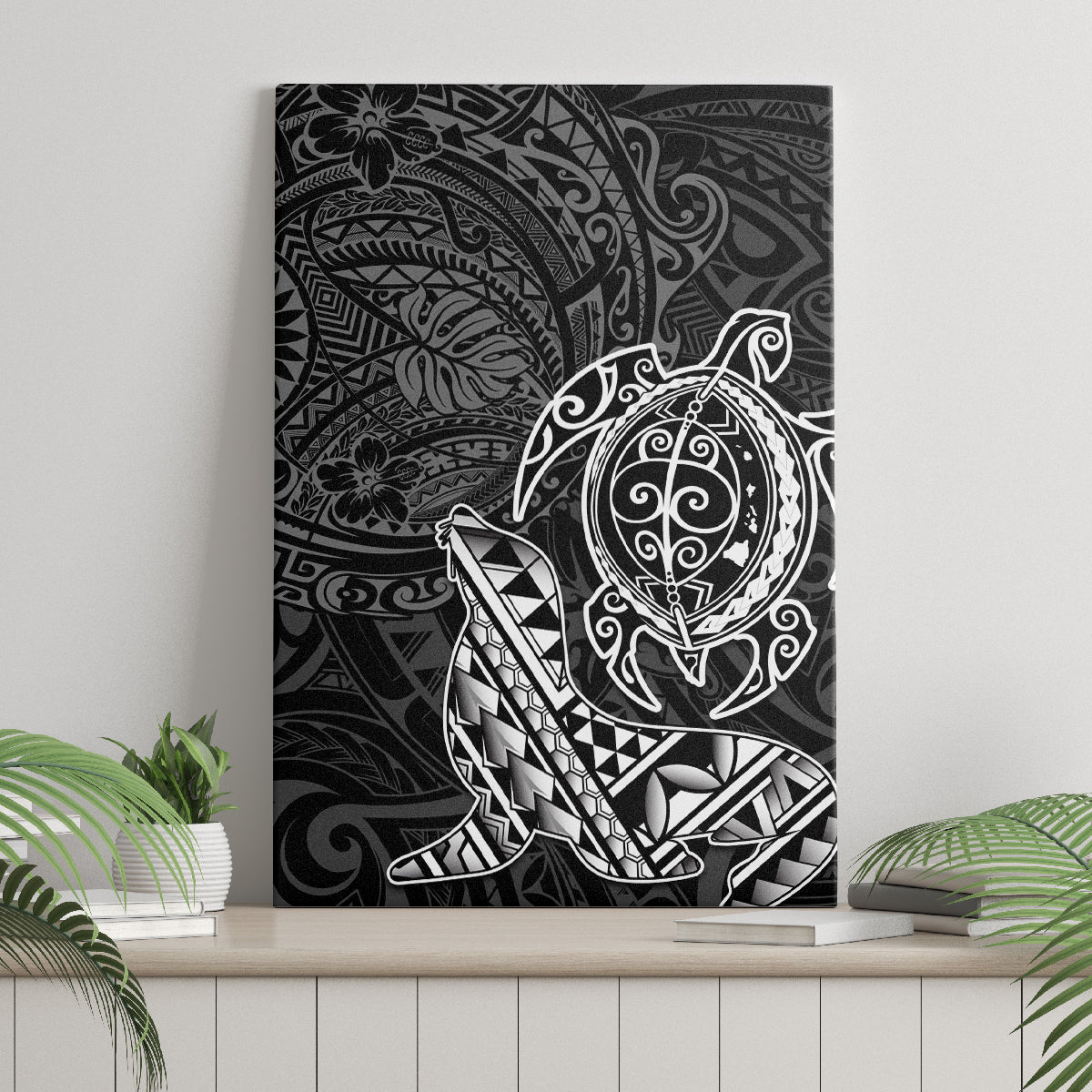 Hawaii Monk Seal and Dolphin Canvas Wall Art Polynesian Kakau Pattern Black White Color