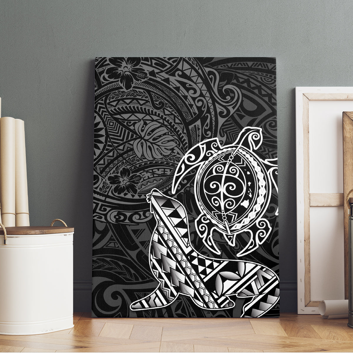 Hawaii Monk Seal and Dolphin Canvas Wall Art Polynesian Kakau Pattern Black White Color