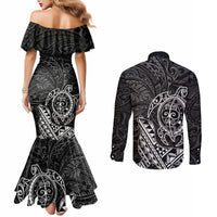 Hawaii Monk Seal and Dolphin Couples Matching Mermaid Dress and Long Sleeve Button Shirt Polynesian Kakau Pattern Black White Color