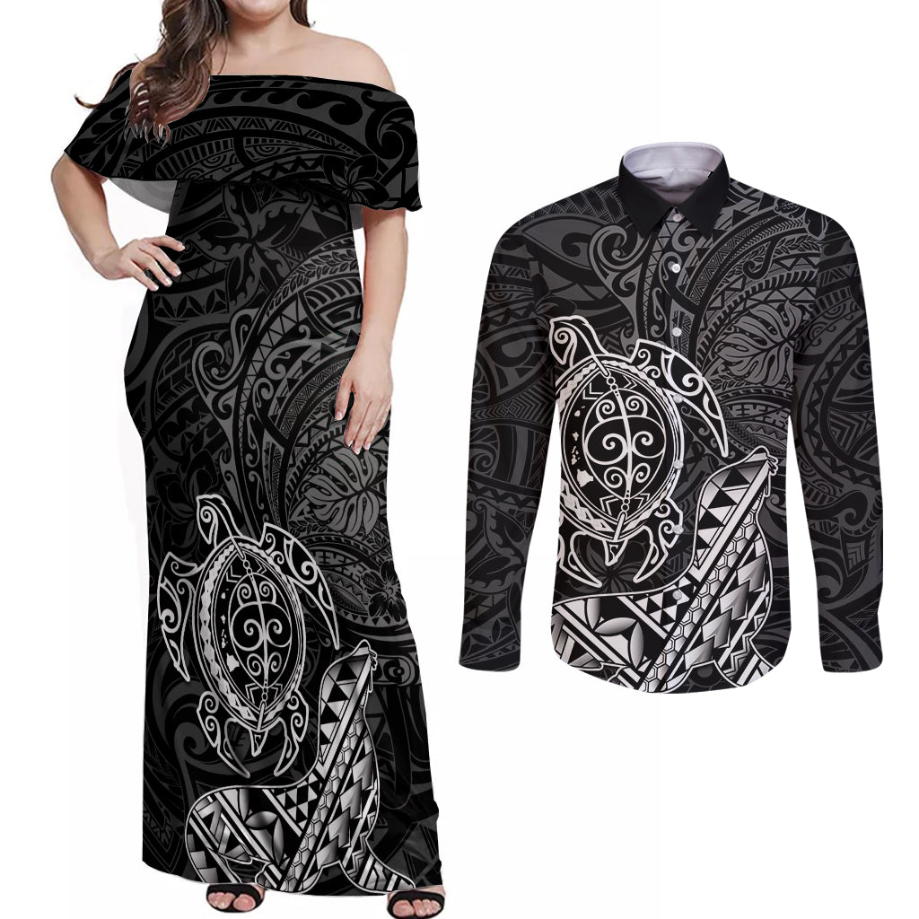 Hawaii Monk Seal and Dolphin Couples Matching Off Shoulder Maxi Dress and Long Sleeve Button Shirt Polynesian Kakau Pattern Black White Color