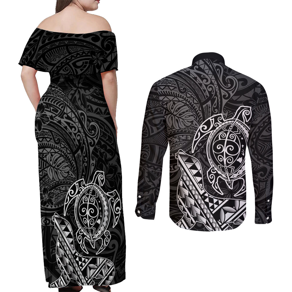 Hawaii Monk Seal and Dolphin Couples Matching Off Shoulder Maxi Dress and Long Sleeve Button Shirt Polynesian Kakau Pattern Black White Color