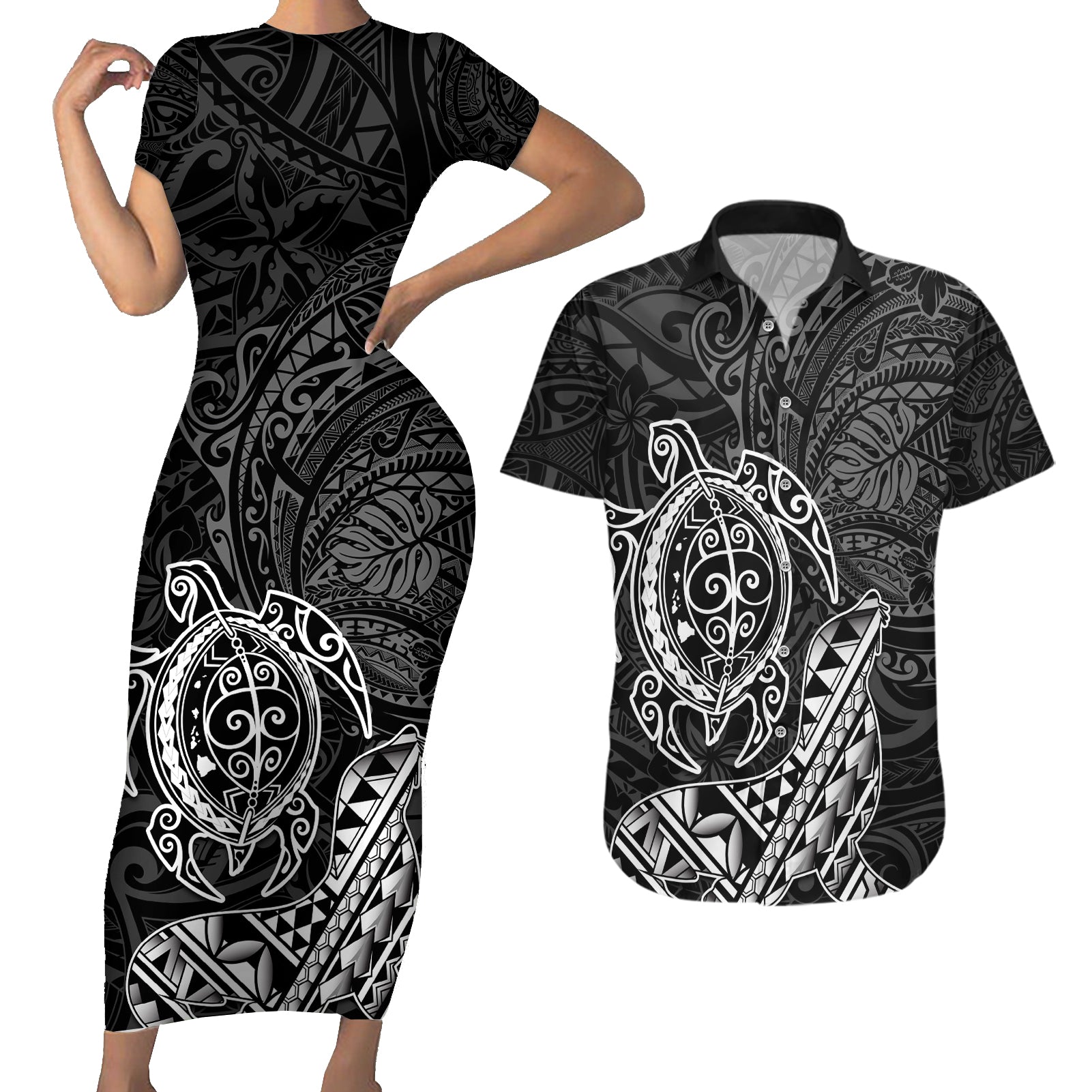 Hawaii Monk Seal and Dolphin Couples Matching Short Sleeve Bodycon Dress and Hawaiian Shirt Polynesian Kakau Pattern Black White Color