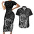 Hawaii Monk Seal and Dolphin Couples Matching Short Sleeve Bodycon Dress and Hawaiian Shirt Polynesian Kakau Pattern Black White Color