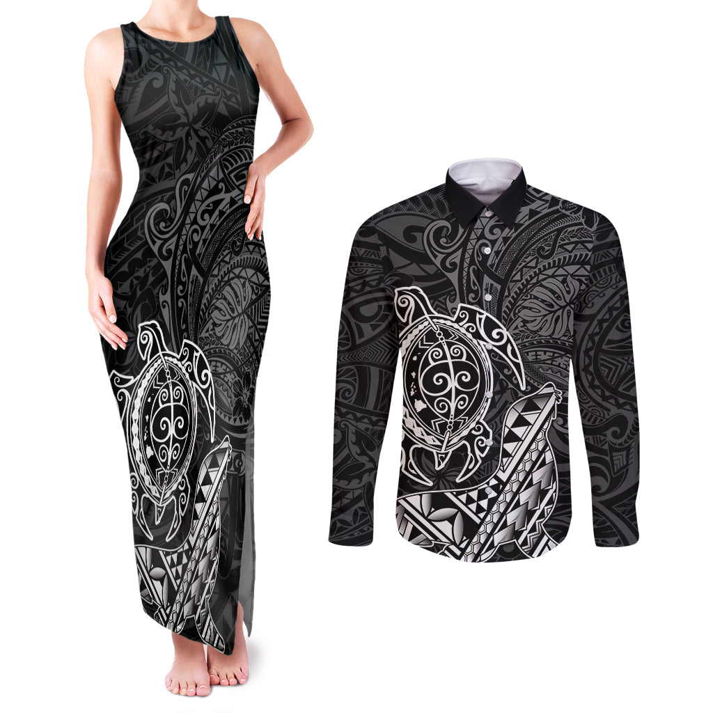 Hawaii Monk Seal and Dolphin Couples Matching Tank Maxi Dress and Long Sleeve Button Shirt Polynesian Kakau Pattern Black White Color