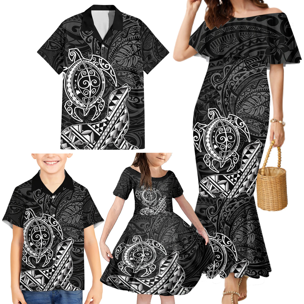 Hawaii Monk Seal and Dolphin Family Matching Mermaid Dress and Hawaiian Shirt Polynesian Kakau Pattern Black White Color