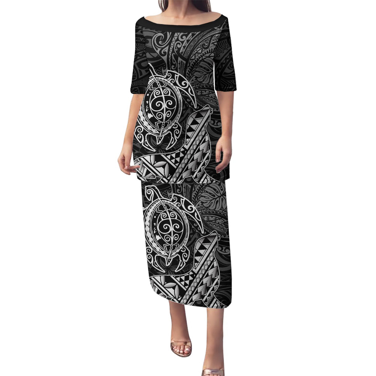 Hawaii Monk Seal and Dolphin Family Matching Puletasi and Hawaiian Shirt Polynesian Kakau Pattern Black White Color
