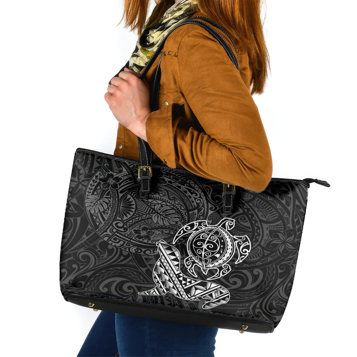 Hawaii Monk Seal and Dolphin Leather Tote Bag Polynesian Kakau Pattern Black White Color