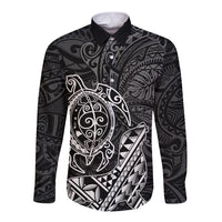 Hawaii Monk Seal and Dolphin Long Sleeve Button Shirt Polynesian Kakau Pattern Black White Color