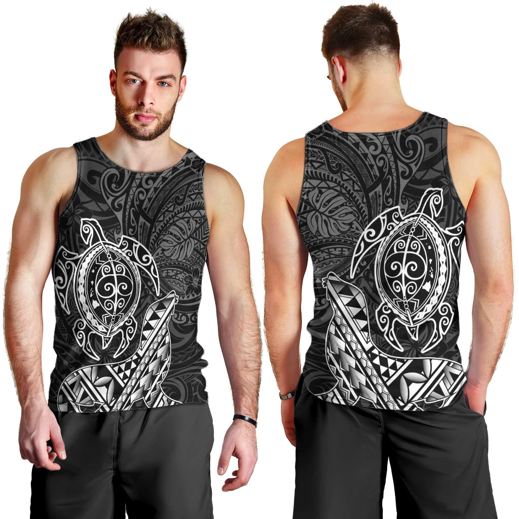 Hawaii Monk Seal and Dolphin Men Tank Top Polynesian Kakau Pattern Black White Color