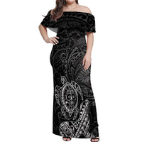 Hawaii Monk Seal and Dolphin Off Shoulder Maxi Dress Polynesian Kakau Pattern Black White Color