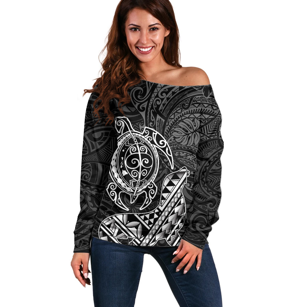 Hawaii Monk Seal and Dolphin Off Shoulder Sweater Polynesian Kakau Pattern Black White Color