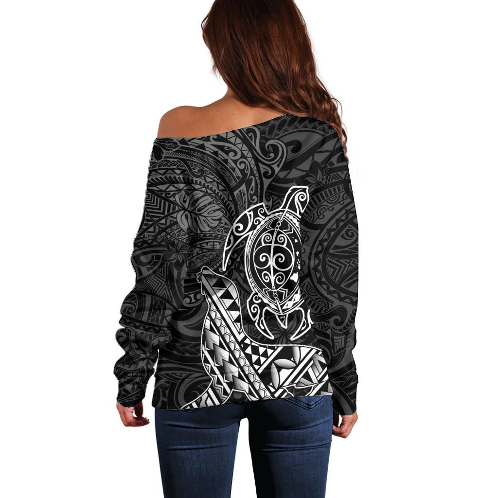 Hawaii Monk Seal and Dolphin Off Shoulder Sweater Polynesian Kakau Pattern Black White Color