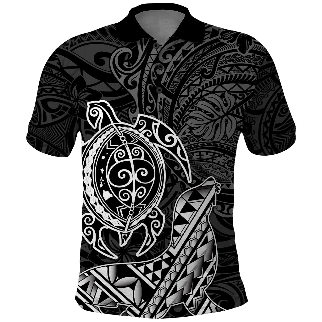 Hawaii Monk Seal and Dolphin Polo Shirt Polynesian Kakau Pattern Black White Color LT03 Black - Polynesian Pride