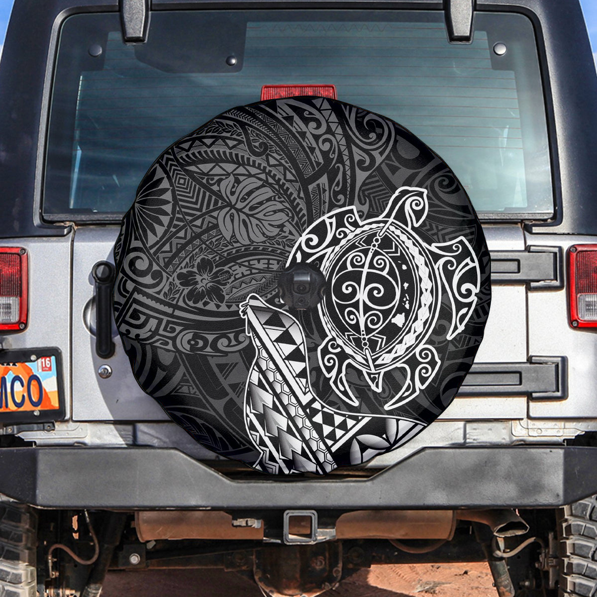 Hawaii Monk Seal and Dolphin Spare Tire Cover Polynesian Kakau Pattern Black White Color