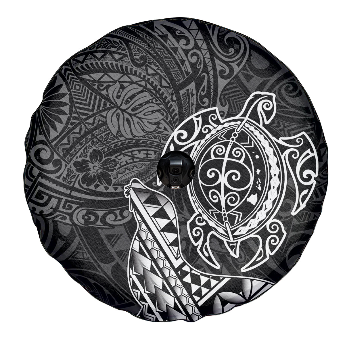 Hawaii Monk Seal and Dolphin Spare Tire Cover Polynesian Kakau Pattern Black White Color