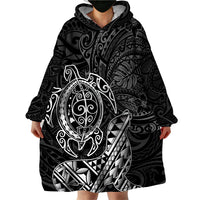 Hawaii Monk Seal and Dolphin Wearable Blanket Hoodie Polynesian Kakau Pattern Black White Color