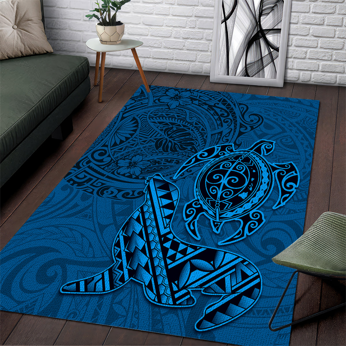 Hawaii Monk Seal and Dolphin Area Rug Polynesian Kakau Pattern Blue